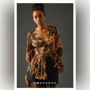 Anthropologie Deep-V Floral Tunic Top Blouse Size XXS New